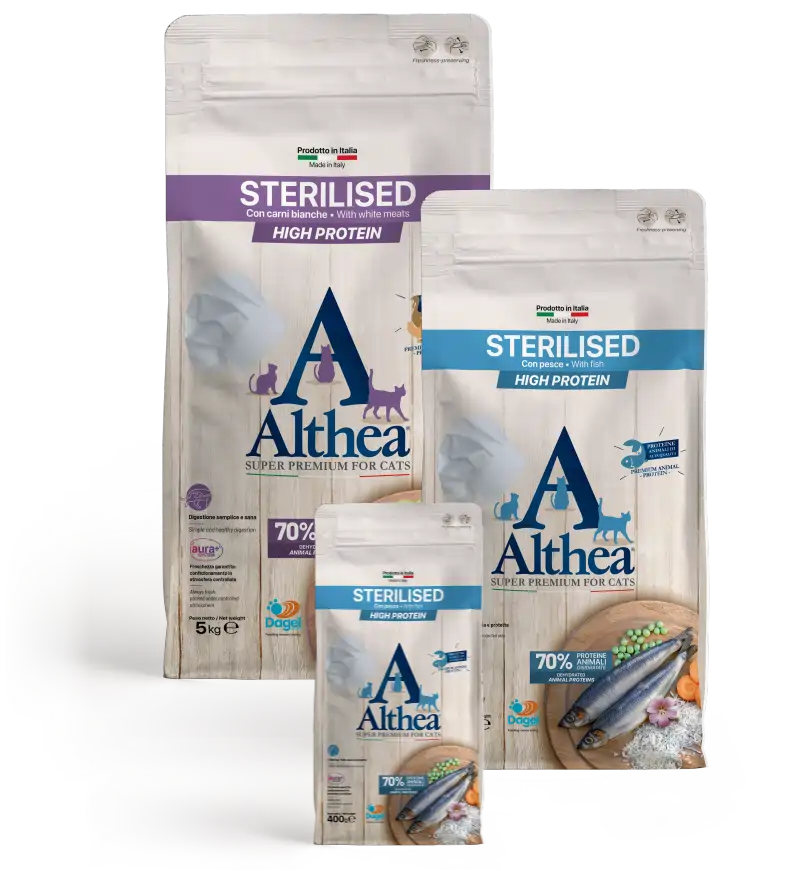 althea-super-premium-gatto-adulto-sterilised-con-pollo-e-riso-pesce-carote-piselli-altaea-cicoria-high-protein